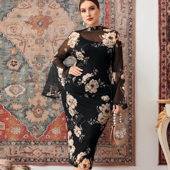 SHEIN Modely Plus Floral Print Trumpet Sleeve Slit Back Mesh Bodycon Dress - Picture 1 of 4